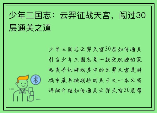 少年三国志：云羿征战天宫，闯过30层通关之道